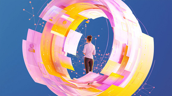 A person stands inside a glowing, circular structure made of vibrant pink and yellow digital panels, surrounded by interconnected nodes and lines, symbolizing technology, data, and innovation against a deep blue background.
