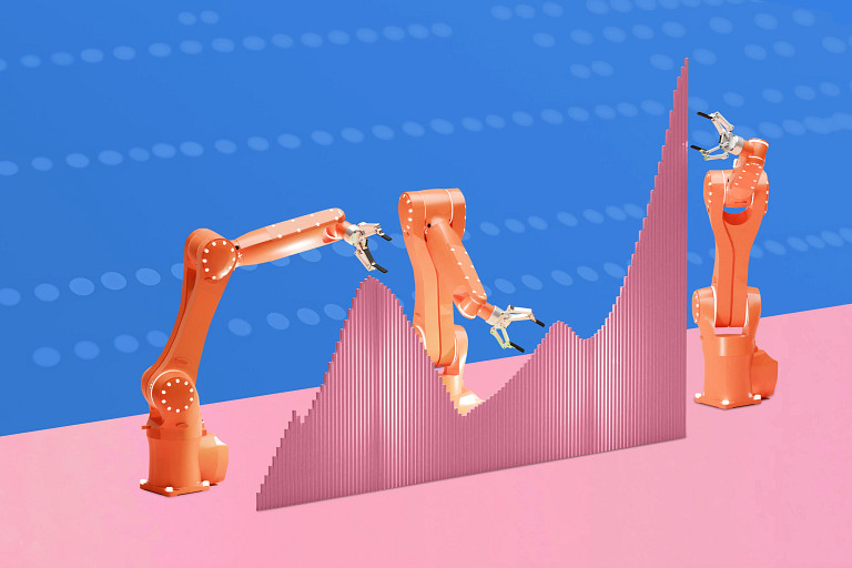 Illustration of three robotic arms with grippers interacting with a jagged pink 3D    graph on a pink surface. The background is blue with a dotted pattern.