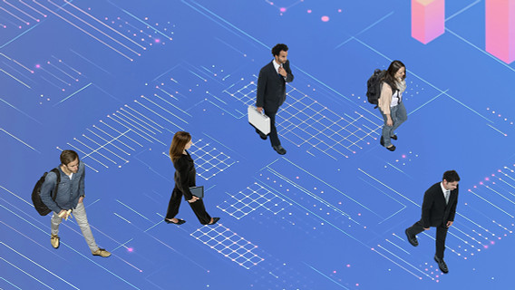 colorful montage image with people standing on a circuit board