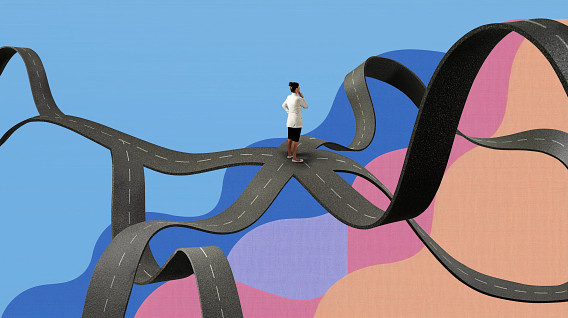colorful montage with a person standing on a tangled set of ribbons representing roads