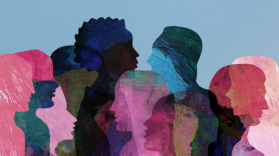 A group of overlapping colorful silhouettes of people facing different directions, set against a light blue background with subtle speckles, symbolizing diversity and interconnectedness.