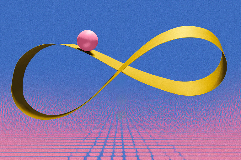 A golden infinity loop floats against a blue background with a pink gradient grid below, featuring a pink sphere balanced on the upper curve, symbolizing continuity and limitless possibilities.