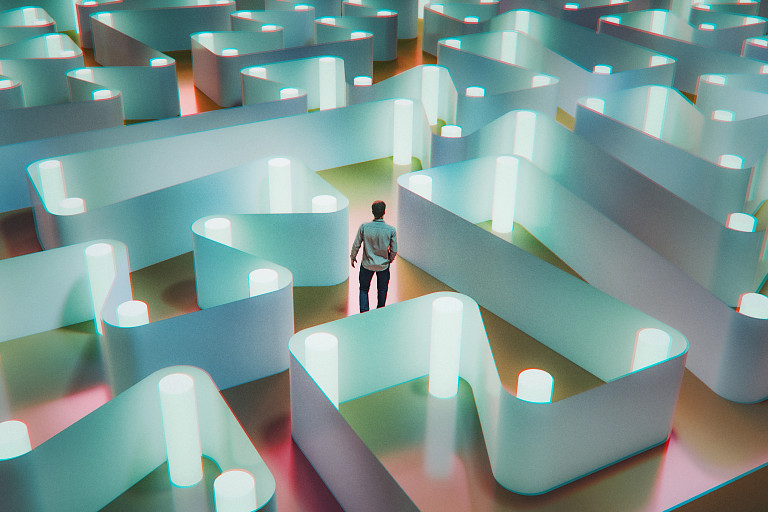 A man stands at the entrance of a glowing, futuristic maze made of tall, curved walls illuminated in blue and pink light, symbolizing confusion or decision-making.