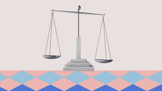 colorful montage showing a set of empty scales with one side lower than the other